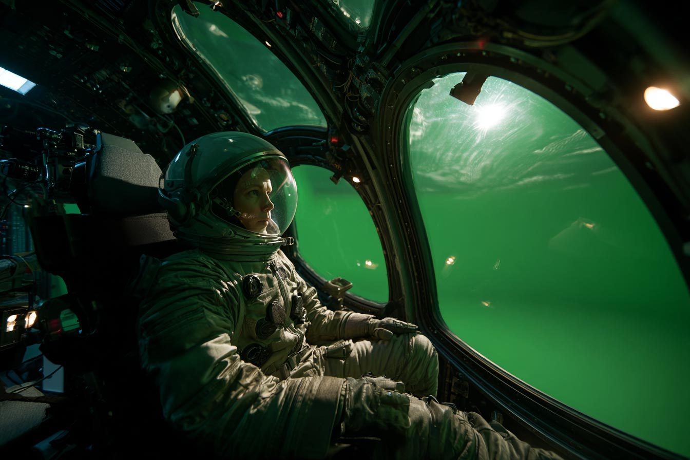 Ultrarealistyczne zdjęcie z planu filmowego. Aktor w szczegółowym kostiumie astronauty (efekt praktyczny) siedzi w fizycznej makiecie kokpitu statku kosmicznego. Za oknami widać zielone tło (green screen), które posłuży do dodania cyfrowego widoku kosmosu.