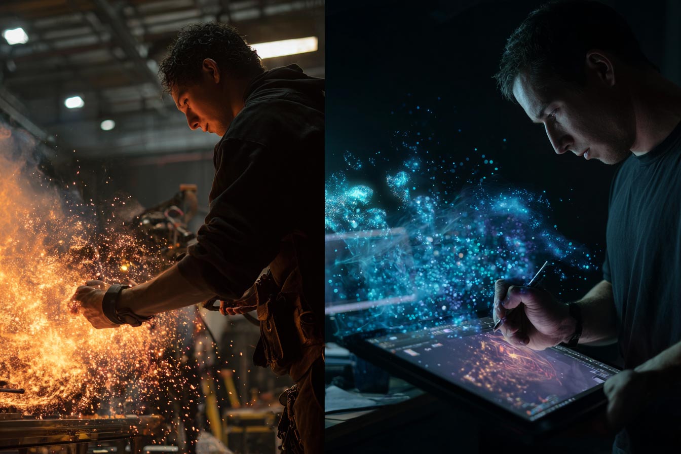 Grafika złożona z dwóch realistycznych zdjęć, porównująca efekty specjalne. Lewe zdjęcie przedstawia efekt praktyczny (pirotechnik na planie), a prawe efekt cyfrowy (artysta VFX pracujący przy komputerze).