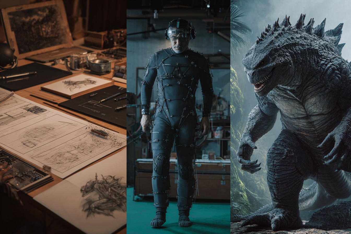 Grafika złożona z trzech zdjęć, obrazujących proces tworzenia efektów. Pierwsze zdjęcie to planowanie (szkice), drugie to realizacja na planie (aktor w stroju do motion capture), a trzecie to finalny, gotowy efekt CGI w filmie.