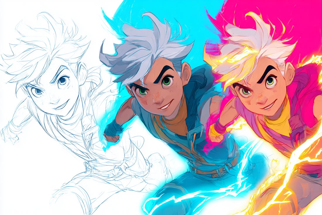 Grafika ilustrująca proces tworzenia animacji. Przedstawia ewolucję postaci od czystego szkicu, przez cyfrowy kontur, aż po finalną, w pełni pokolorowaną wersję w żywych barwach.