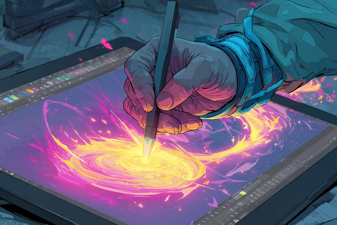 Dynamiczna grafika w żywych kolorach, pokazująca, jak animacja wzbogaca materiały promocyjne. Z ekranu smartfona 