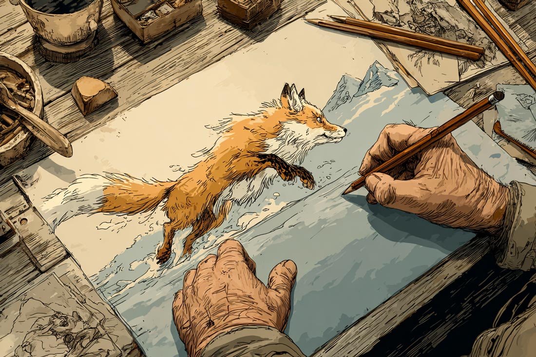 Grafika w stylu retro szkicownika. Przedstawia widok z góry na biurko animatora, gdzie ręce rysują ołówkiem postać lisa, co podkreśla rzemieślniczy i fundamentalny charakter animacji.