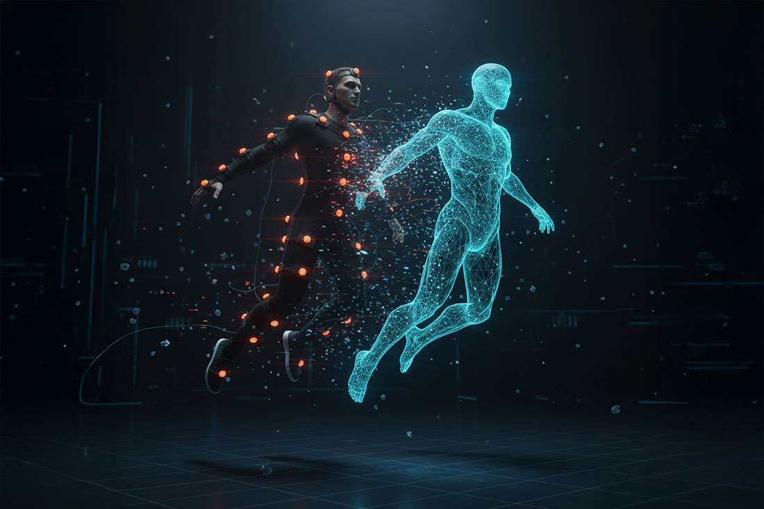 Aktor w czarnym kombinezonie mocap z podświetlonymi markerami, z kt&oacute;rego ciała wyłania się cyfrowy, błękitny model siatkowy, obrazując proces digitalizacji ruchu człowieka.