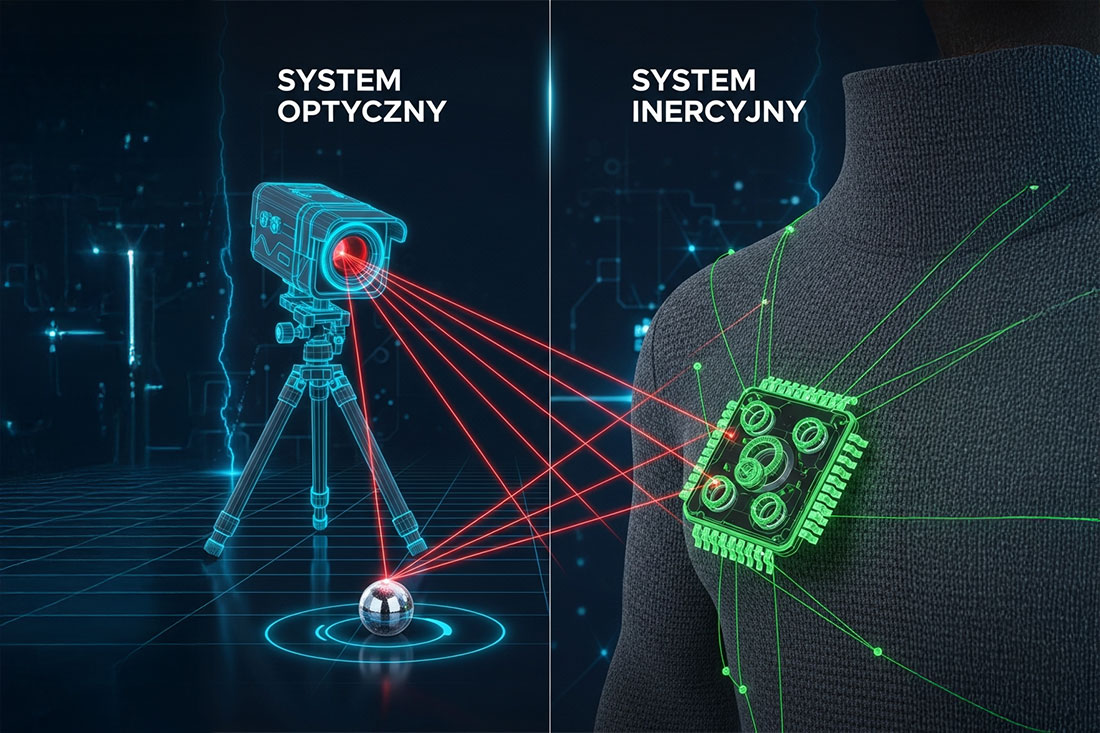 Schemat por&oacute;wnujący technologie motion capture: po lewej system optyczny z kamerą i laserem śledzącym marker, po prawej system inercyjny z czujnikiem IMU umieszczonym na klatce piersiowej.