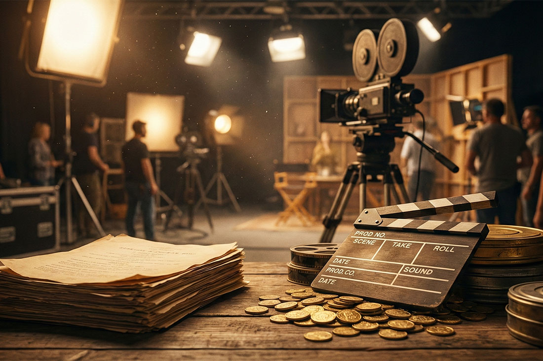 Nastrojowe ujęcie z planu filmowego przedstawiające scenariusz i klaps filmowy leżące na stosie złotych monet, co symbolizuje budżet i koszty produkcji opisane w artykule.