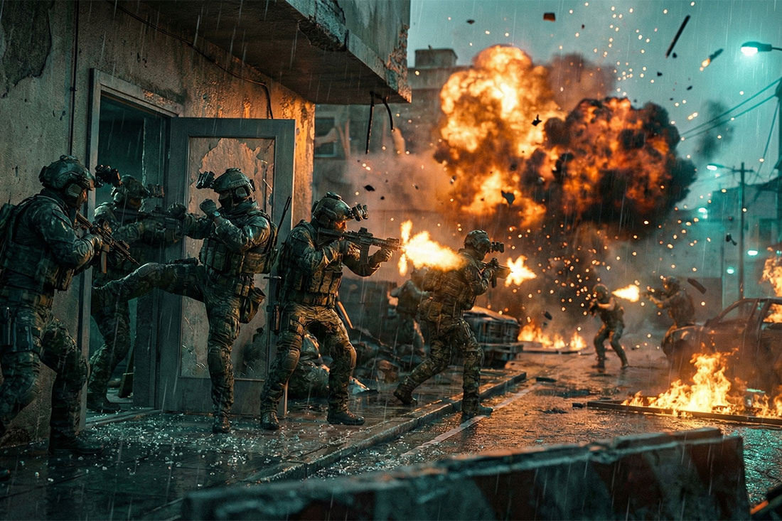 Dynamiczna, fotorealistyczna scena prosto z trailera gry akcji. Oddział sił specjalnych szturmuje zniszczony budynek w środku intensywnej walki, z potężną eksplozją w tle i dramatycznym oświetleniem, co ilustruje finalny, wysokiej jakości produkt, o którym mowa w artykule.