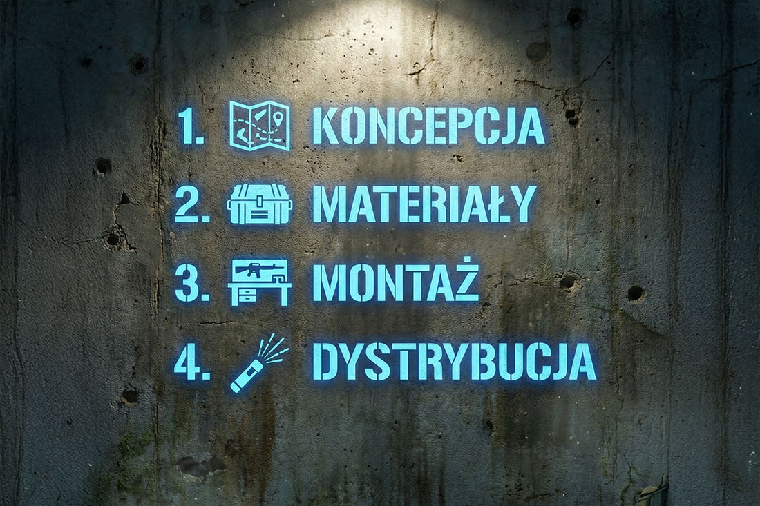 Pionowa lista celów misji wyświetlona na betonowej ścianie, reprezentująca etapy produkcji. Ikony militarne: mapa (Koncepcja), skrzynia z amunicją (Materiały), stół rusznikarski (Montaż) i flara sygnałowa (Dystrybucja) oddają klimat gier akcji.