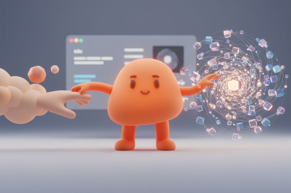 Abstrakcyjny, pomarańczowy Brand Hero trzymający za rękę człowieka na tle cyfrowego interfejsu, symbolizujący emocjonalną więź marki z klientem i ocieplenie technologicznego wizerunku.