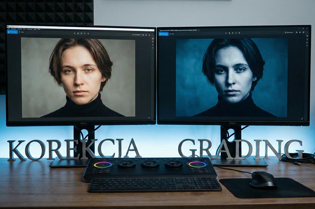 Zdjęcie dw&oacute;ch monitor&oacute;w studyjnych stojących obok siebie. Lewy pokazuje naturalny obraz (