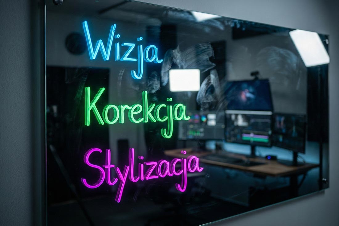 Realistyczne ujęcie szklanej tablicy w studiu z rozpisanym procesem: 
