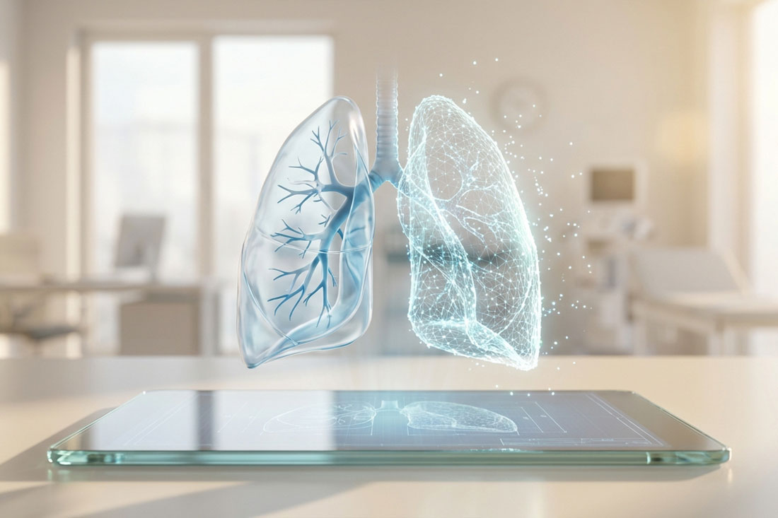 Wysokiej jakości wizualna metafora animacji medycznej, ukazująca cyfrowy model płuc przechodzący z technicznej siatki (wireframe) w realistyczne odwzorowanie anatomiczne, symbolizująca połączenie technologii i medycyny omawiane w artykule.