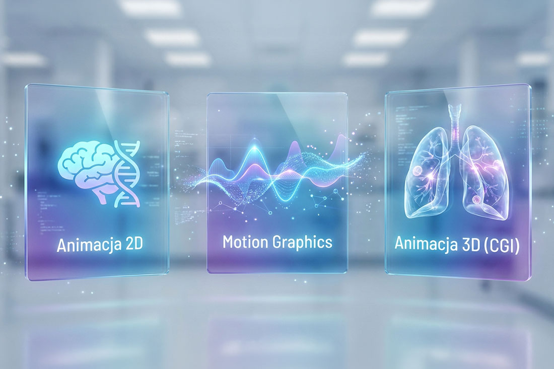 Infografika prezentująca trzy stopnie zaawansowania wizualizacji medycznej: od prostych ikon 2D, przez dynamiczne wykresy Motion Graphics, aż po fotorealistyczne modele 3D tkanek i narządów.