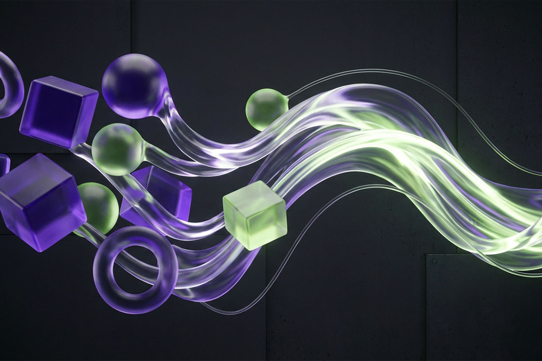 Dynamiczna, abstrakcyjna kompozycja w stylu Cyber-Fluid Minimalism, przedstawiająca płynne przejścia fioletowych i zielonych kształt&oacute;w geometrycznych, symbolizująca energię i wszechstronność motion designu.