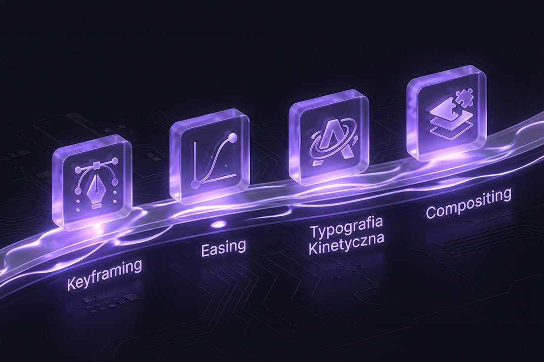 Infografika prezentująca kluczowe techniki motion designu: keyframing, easing, typografię kinetyczną oraz compositing, przedstawiona na nowoczesnych, szklanych panelach w ciemnej estetyce.