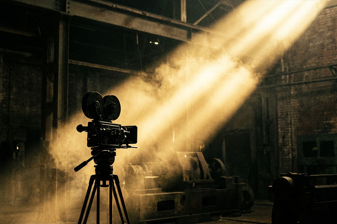 Klasyczna, filmowa scena w stylu Neo-Noir Radiance, ukazująca pojedynczą kamerę filmową w ostrym świetle, symbolizującą sztukę i technikę oświetlenia w kinie.