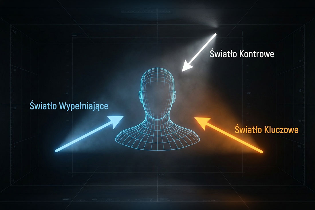Infografika demonstrująca tr&oacute;jpunktową konfigurację oświetlenia filmowego, z wyraźnie oznaczonym światłem kluczowym, wypełniającym i kontrowym, tworzącą klasyczny model oświetlenia postaci.