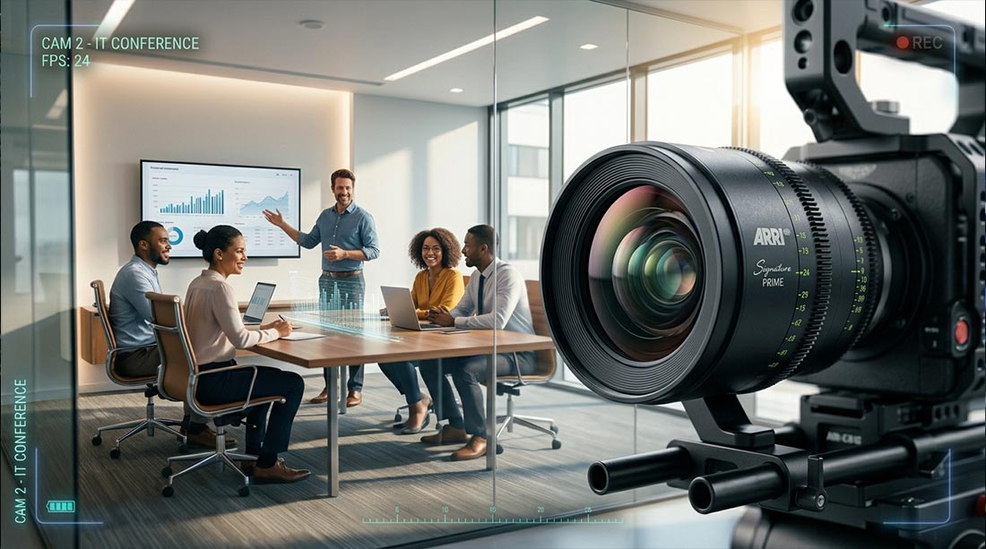 Profesjonalna kamera kinowa nagrywająca zespół ekspertów IT w nowoczesnym, przeszklonym biurze, co obrazuje, w jaki sposób wideo marketing B2B humanizuje software house'y i buduje zaufanie wśród klientów korporacyjnych.