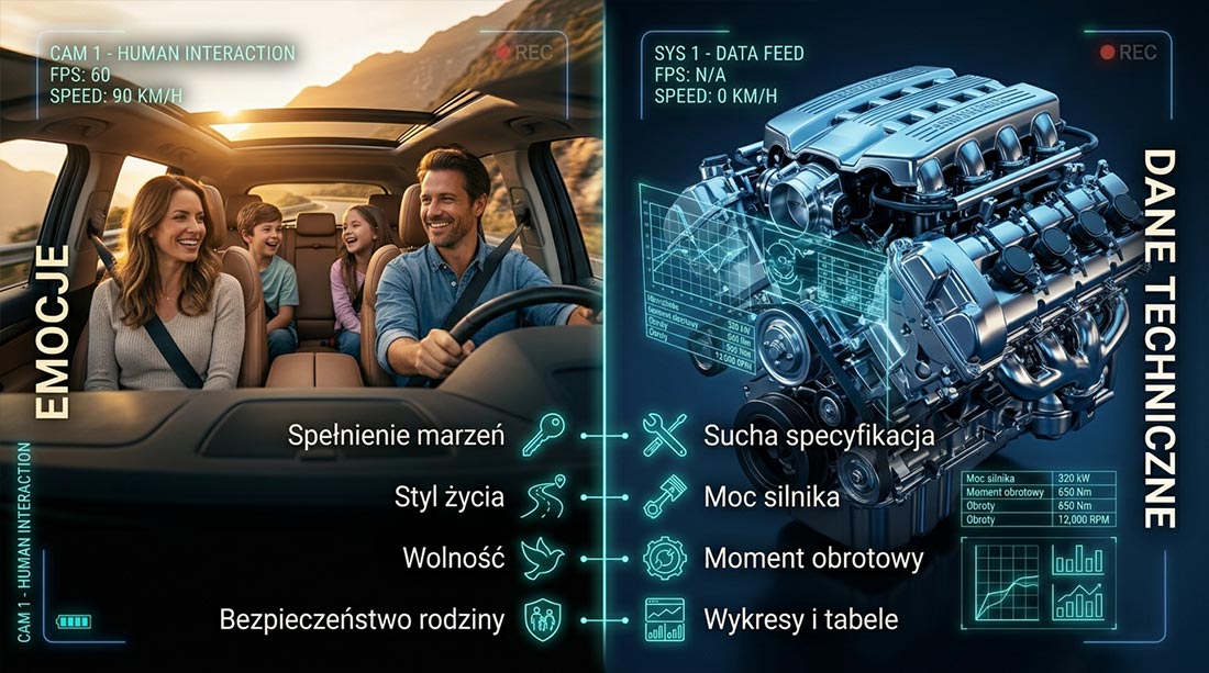 Pionowa infografika por&oacute;wnawcza podzielona na sekcje &bdquo;EMOCJE&rdquo; i &bdquo;DANE TECHNICZNE&rdquo;, wizualnie przedstawiająca zawarte w artykule zestawienie emocjonalnego storytellingu (np. stylu życia rodziny) z racjonalnymi danymi technicznymi (np. mocą silnika), wyjaśniająca, dlaczego impuls psychologiczny napędza zakup samochodu.