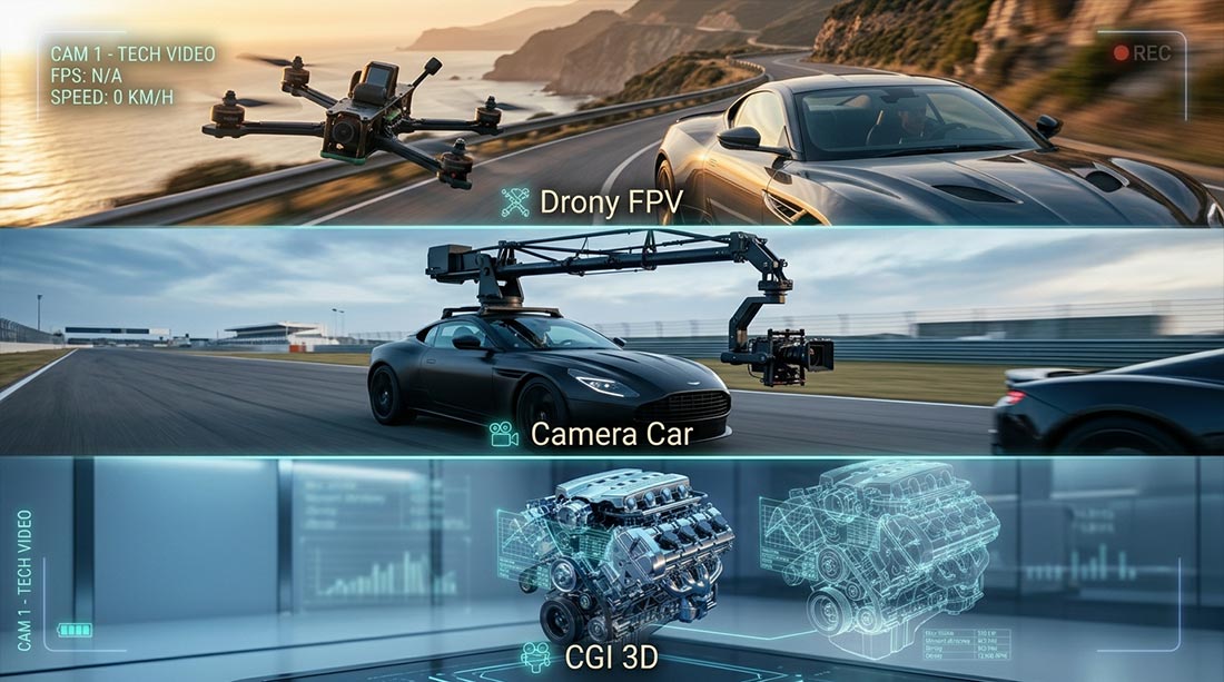 Trzypanelowa pionowa infografika ilustrująca gł&oacute;wne techniki wideo stosowane w marketingu motoryzacyjnym: drony FPV do dynamicznych ujęć, platformy typu camera car do stabilnego kinowego śledzenia obiektu oraz technologię 3D CGI do renderowania wewnętrznych detali pojazdu.
