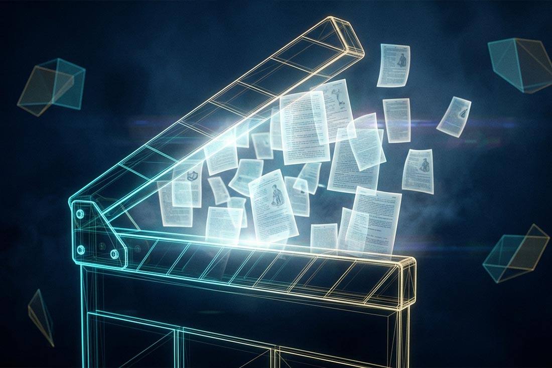 Zaawansowany technologicznie, świecący klaps filmowy łączący się z holograficznymi stronami słownika, symbolizujący porozumienie i komunikację między klientami a domami produkcyjnymi dzięki wspólnemu zrozumieniu terminologii branżowej.