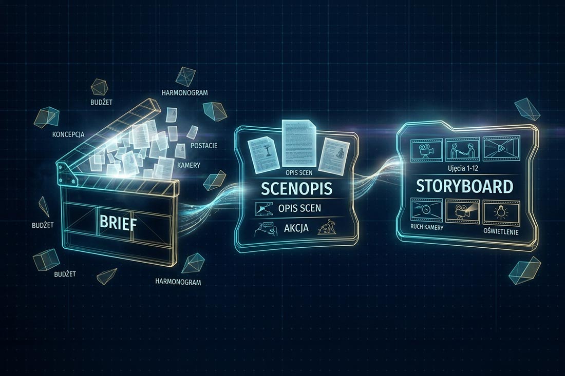 infografika ilustrująca trzy gł&oacute;wne etapy preprodukcji wideo &ndash; Brief, Scenopis i Storyboard &ndash; pokazująca, jak początkowe cele biznesowe klienta przekładają się na techniczny scenariusz, a ostatecznie na wizualny szkic przypominający komiks jeszcze przed rozpoczęciem zdjęć.