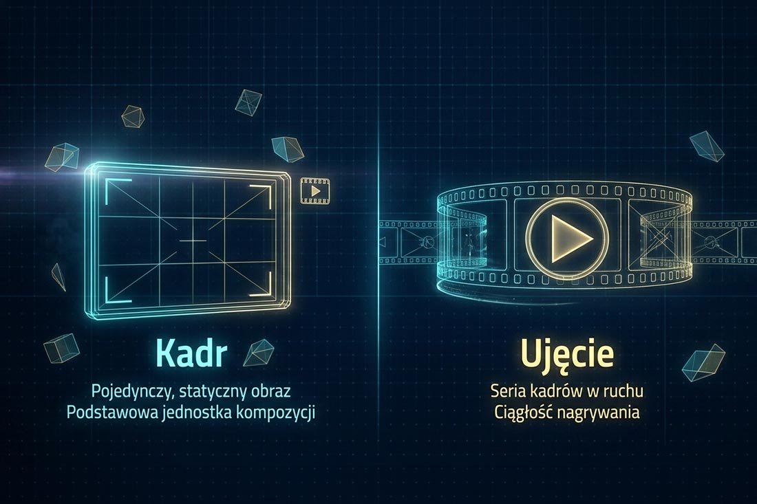 infografika wyjaśniająca r&oacute;żnicę między pojęciami &bdquo;Kadr&rdquo; (pojedyncza, statyczna przestrzeń fizyczna widziana przez obiektyw kamery) i &bdquo;Ujęcie&rdquo; (ciągły odcinek materiału nagrany od komendy reżysera &bdquo;akcja&rdquo; do &bdquo;cięcie&rdquo;).
