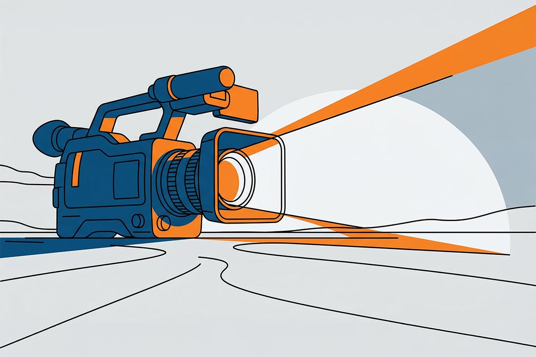 Prosta ilustracja typu line-art przedstawiająca kamerę wideo skupioną na dwóch różnych celach: natychmiastowej sprzedaży (ikona błyskawicy) oraz długoterminowym budowaniu marki (ikona uścisku dłoni), co obrazuje wybór między szybkim spotem reklamowym a narracyjnym filmem promocyjnym.