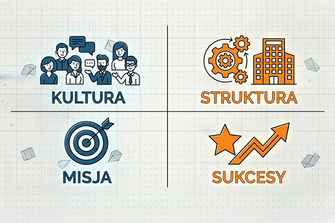 Prosta, czteropanelowa infografika podsumowująca kluczowe filary filmu korporacyjnego: kulturę organizacyjną, strukturę firmy, realizowaną misję oraz sukcesy biznesowe.