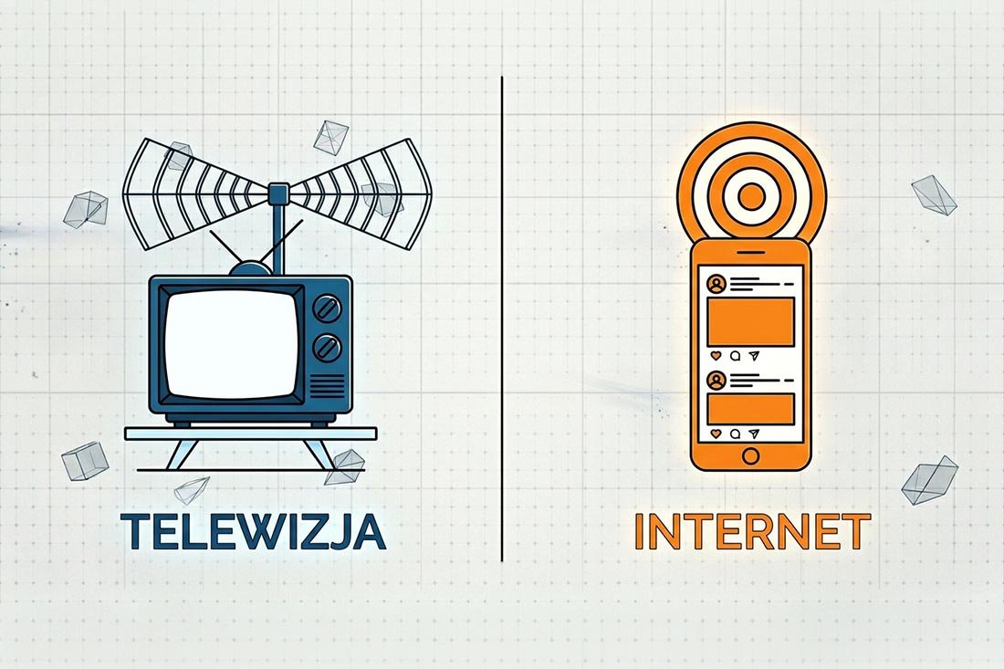 Infografika w stylu korporacyjnego minimalizmu (line-art), por&oacute;wnująca dwa gł&oacute;wne kanały dystrybucji spot&oacute;w reklamowych: &bdquo;TELEWIZJA&rdquo; i &bdquo;INTERNET&rdquo;. Wykorzystuje proste ikony telewizora i smartfona, aby podkreślić ich odmienną specyfikę i zasięg opisywany w tekście.