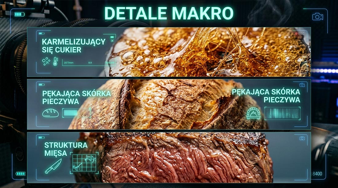 Trzyczęściowa pionowa infografika przedstawiająca ujęcia makro karmelizującego się cukru, chrupiącego pieczywa i wysmażonego mięsa, demonstrująca tezę artykułu, że ekstremalne zbliżenia i odpowiednie oświetlenie wyzwalają fizyczny apetyt poprzez podkreślenie tekstury potraw.