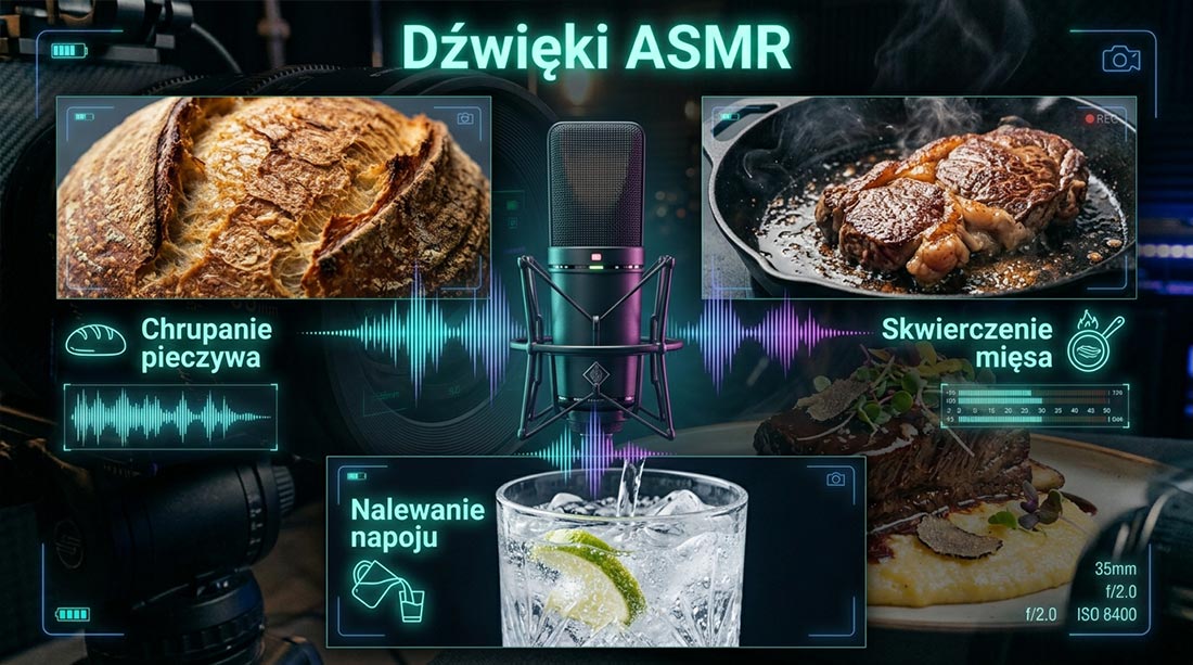 Wizualny przewodnik po kulinarnym ASMR, ukazujący mikrofon studyjny rejestrujący dźwięki łamanego chleba, skwierczącego mięsa i nalewanego napoju, co podkreśla znaczenie dźwięku jako kluczowego wyzwalacza w sensorycznym marketingu jedzenia.