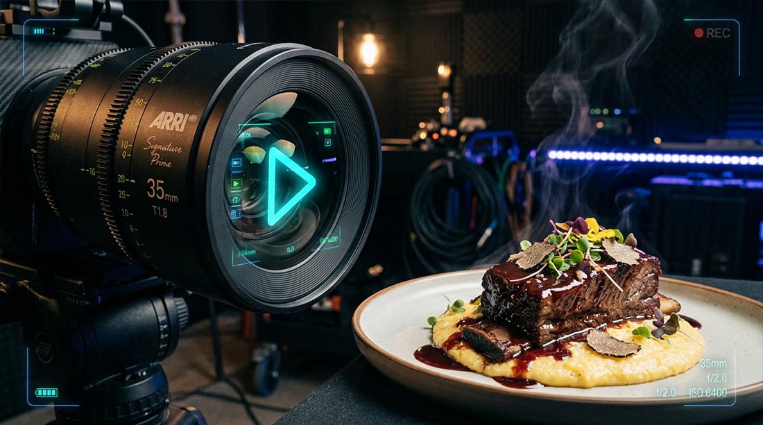 Profesjonalna kamera kinowa filmująca z bliska parujące, ekskluzywne danie, co obrazuje, jak wideo marketing łączy cyfrowy świat ekranów z fizycznymi zmysłami, skutecznie zwiększając sprzedaż w gastronomii i e-commerce.