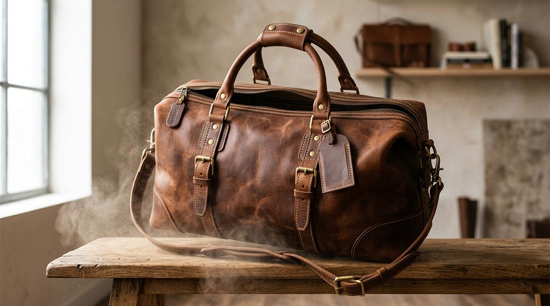 Profesjonalna fotografia komercyjna luksusowej, ręcznie wykonanej skórzanej torby podróżnej w zbliżeniu. Oświetlenie studyjne podkreśla jej bogatą fakturę i detale, co symbolizuje przeniesienie fizycznych zmysłów do cyfrowego świata e-commerce za pomocą wideo produktowego w celu budowania zaufania i zwiększania sprzedaży.