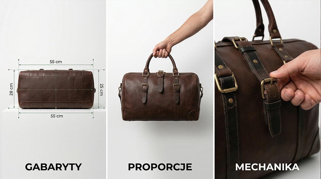 Infografika fotograficzna ilustrująca, jak wideo produktowe zmniejsza liczbę zwrot&oacute;w w e-commerce poprzez dokładne zaprezentowanie: fizycznych wymiar&oacute;w przedmiotu (Gabaryty), wielkości w stosunku do ludzkiej dłoni (Proporcje) oraz rzeczywistego sposobu działania i ruchomych element&oacute;w (Mechanika).